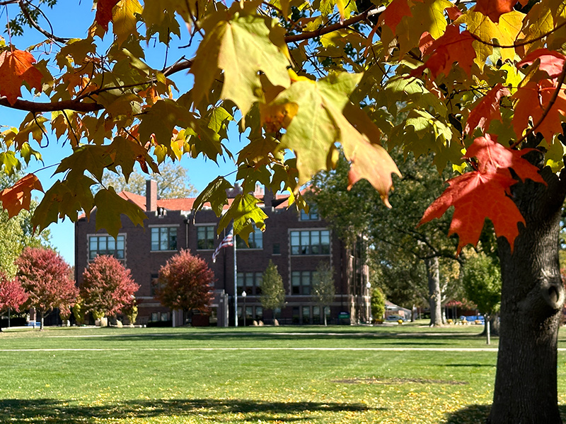 Eckhart Hall in the background with fall leaves in the foreground.